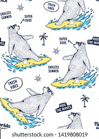 Cool surfer bear with slogan text seamless pattern for t-shirt prints and other uses.