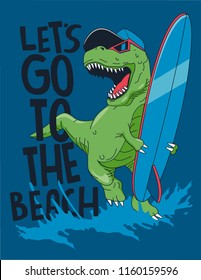 cool surfer dinosaur vector design with surfboard for t shirt 