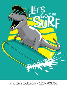 cool surfer dinosaur vector design with surfboard for t shirt