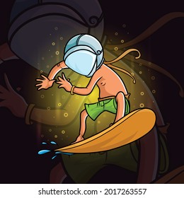 El hombre del surfista fresco y usando casco astronauta de ilustración
