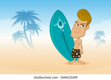 Cool surfer on a summer vacation holding surfboard on the beach vector cartoon illustration