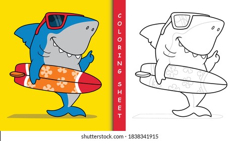 Cool Surfer shark. Coloring sheet.