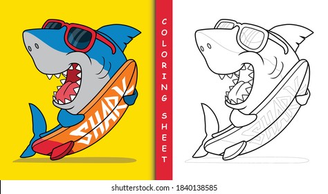 Cool Surfer shark. Coloring sheet.