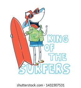 cool surfer shark drawn as vector for tee print