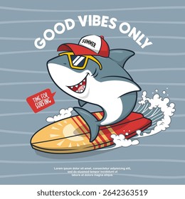 Tubarão Surfista Legal Em Onda Grande, Ilustração De Desenho Animado
