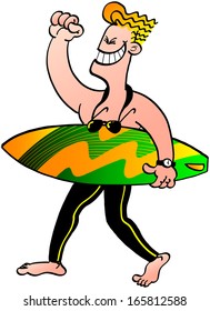 Cool surfer smiling, walking with his board and raising his clenched fist as a signal of satisfaction and victory