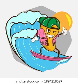 En la playa hay un personaje de mango surfista frío. Mascota de mango, logotipo de dibujos animados, horario de verano del concepto de icono de la fruta. Ilustración vectorial de mango vacaciones de surf. La época de verano del mango.