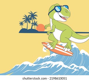 cooler Surfdinosaurier, süßer Dinosaurier mit Sonnenblase, Surfer-Dinosaurier