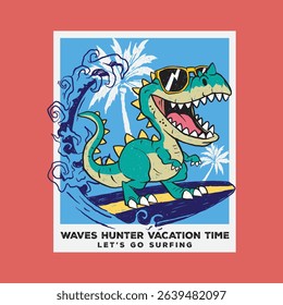 Cool surfing dinosaur t-shirt design for kids. Cartoon T-rex on surfboard with waves, palm trees and summer beach vibes. Perfect for boy’s summer fashion and tropical vector prints.