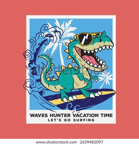 Cool surfing dinosaur t-shirt design for kids. Cartoon T-rex on surfboard with waves, palm trees and summer beach vibes. Perfect for boy’s summer fashion and tropical vector prints.