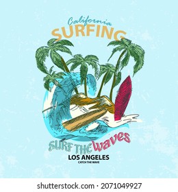 Cool Surfing Illustration With Text. Vector Illustrations For Pants Prints And Other Uses .vintage Truck. Sunset Beach. Graphic Print Design