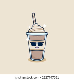 cool swag with sunglasses chocolate milkshake in takeaway cup with whip cream topping illustration. frappe coffee in plastic cup illustration mascot cartoon character