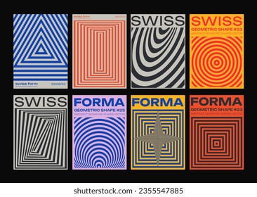 Cool Swiss Design Posters Collection. Set of Abstract Geometric Placards. Modern Minimalist Cover. Optical Illusion Shapes.