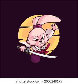 Cool swordsman rabbit with sword vector icon cartoon illustration. with the concept of Japanese ninja culture
