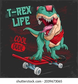 Cool T Rex dinosaur riding on red skateboard, funny dinosaur skateboarder dressed in sunglasses