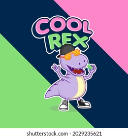Cool t rex wears funky sunglasses and hat eating a bean