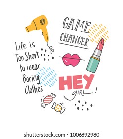 Cool t shirt design in doodle style with patches and hand written quotes