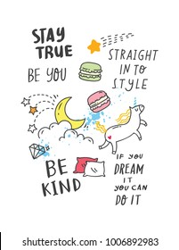 Cool t shirt design in doodle style with patches and hand written quotes