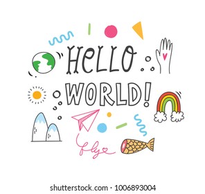Cool t shirt design in doodle style with patches and hand written quotes