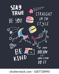 Cool t shirt design in doodle style with patches and hand written quotes