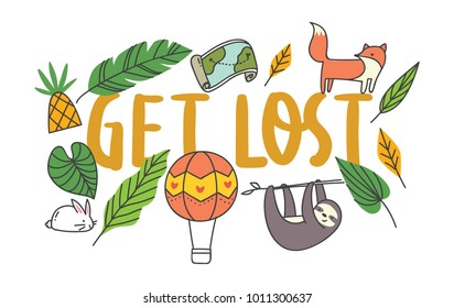 Cool t shirt design in doodle style with patches and hand written quotes