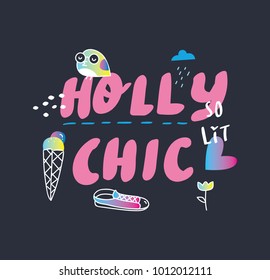 Cool t shirt design in doodle style with patches and hand written quotes