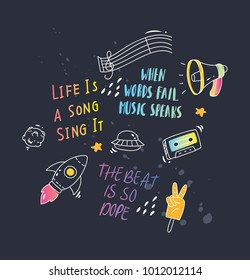 Cool t shirt design in doodle style with patches and hand written quotes