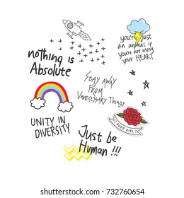 Cool T Shirt Design In Doodle Style With Patches And Hand Written Quotes