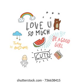 Cool t shirt design in doodle style with patches and hand written quotes