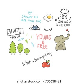 Cool t shirt design in doodle style with patches and hand written quotes