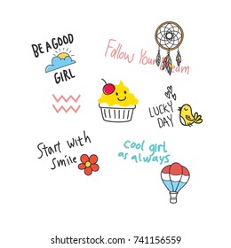 Cool t shirt design in doodle style with patches and hand written quotes