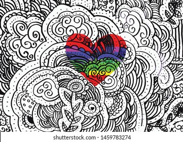 Cool t shirt design  rainbow heart on abstract ornament pattern . vector design
