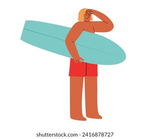 Cool tanned male holding a surfboard, watching the ocean and waiting for a wave. hand drawn vector illustration in flat design, isolated on white background