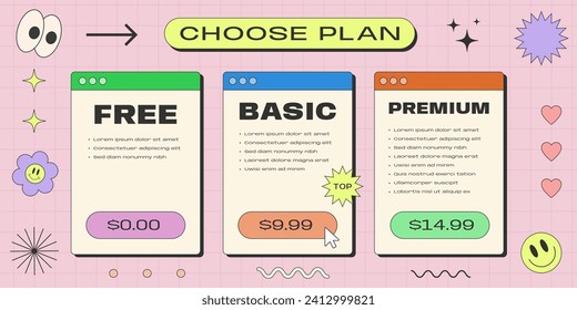 Diseño De Planes De Tarifas Cool Y2k. Diseño de vectores de lista de tabla genial.