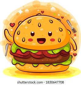 Cool tasty hamburger kawaii cartoon character of illustration