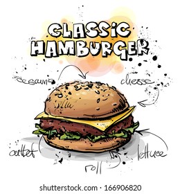 Cool tasty hamburger. Sketch + watercolor style. Vector illustration.