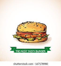 Cool tasty hamburger. Sketch + watercolor style. Vector illustration.
