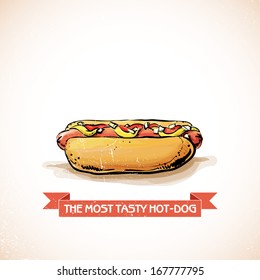 Cool tasty hot dog. Sketch + watercolor style. Vector illustration.