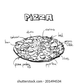 Cool tasty pizza. Sketch. Vector illustration.