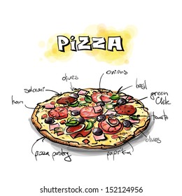 Cool tasty pizza. Sketch + watercolor style. Vector illustration.