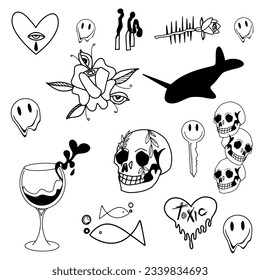 Diseño de vectores de ilustraciones de dibujos de tatuaje frío. Mano dibujó la boca, el cráneo, la sonrisa, los ojos, los dados.