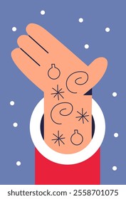 Cool tattooed Santa Claus Hand. Hipster Santa. Flat vector illustration.