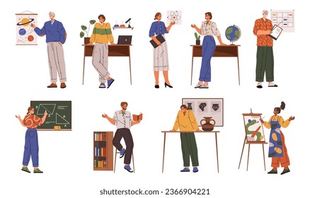 Cool teacher of geometry of arts, people trainers. Vector geometry and literature, arts and mathematics teacher near chalkboard, astrology teacher in classroom, flat cartoon people study and education