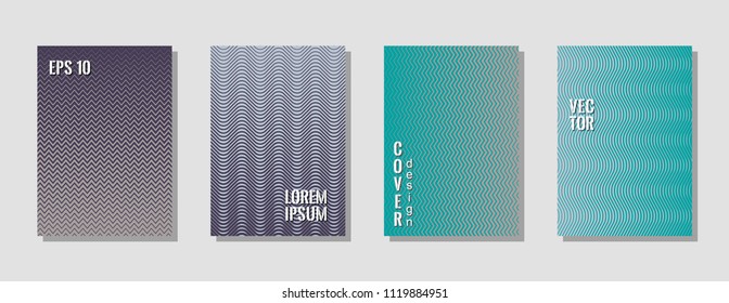 Cool teal grey zig zag banner templates, wavy lines gradient stripes backgrounds for music cover. Curve shapes stripes, zig zag edge lines halftone texture gradient flyers set.