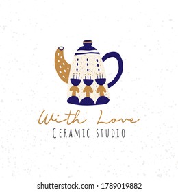 Cool teapot or Jug. Ceramic studio with love. Ceramics, hand made, pottery concept. Ethnic ornament. Hand drawn Vector Icon. Logo template. Colored trendy illustration. Flat design. Stamp texture