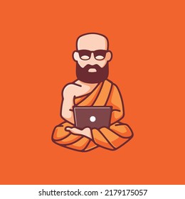 Cool Techy Monk Cartoon Holding Laptop