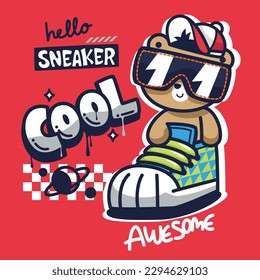 Cool teddy bear cartoon wearing sunglasses in big sneakers on red background illustration vector, Design for fashion graphics, Posters and other uses etc.