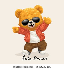 Fresco oso de peluche bailando en chaqueta roja con "Let's Dance" texto, Ilustración vectorial