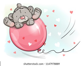 Cool Teddy bear flying in a balloon. Background color with hearts