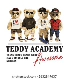 Cool teddy bear friends vector illustration.Skateboarding teddy bear friends.Cute animal graphic design ready to print for kids t shirt and sweatshirt.Best friend forever Teddy bears illustration